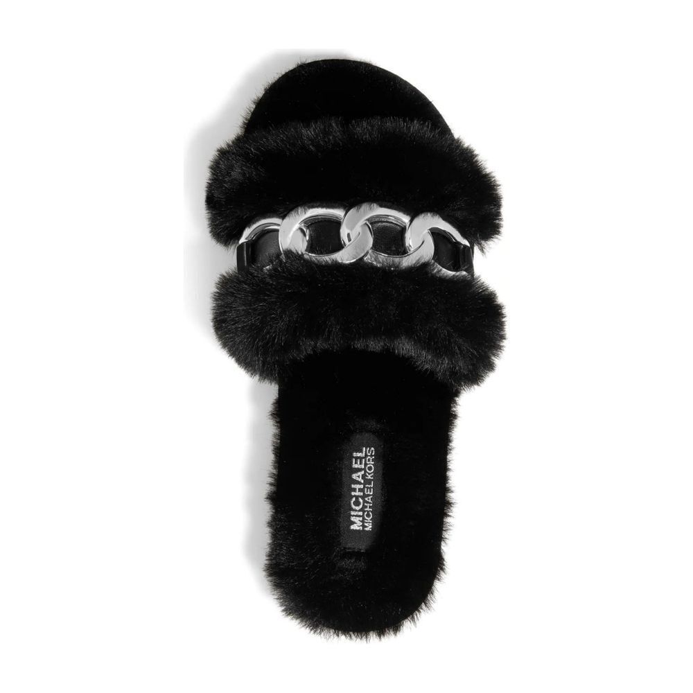 New! MICHAEL KORS Women's Scarlett Chain-trim Slippers Sandals Shoe Black Silver